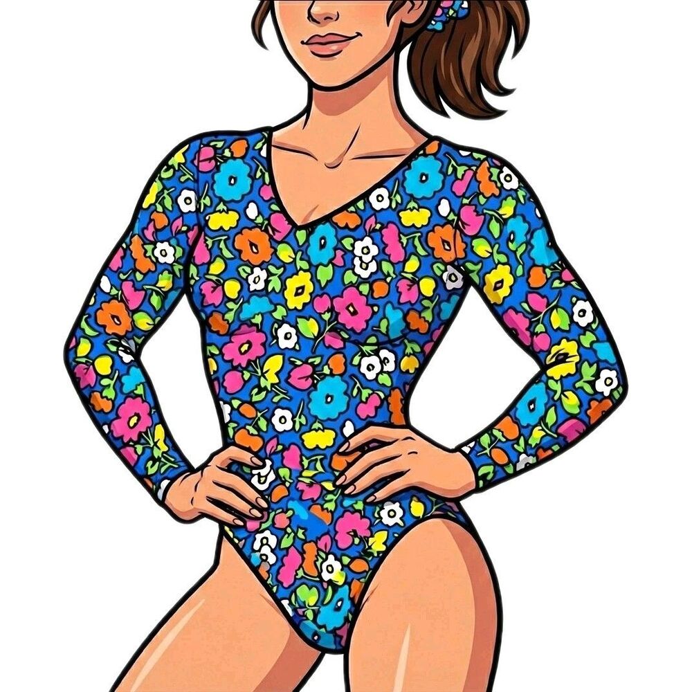 GK Elite VTG Cartoon Vibe Bright Floral Cotton LS Leotard Bodysuit AXS Adult XS